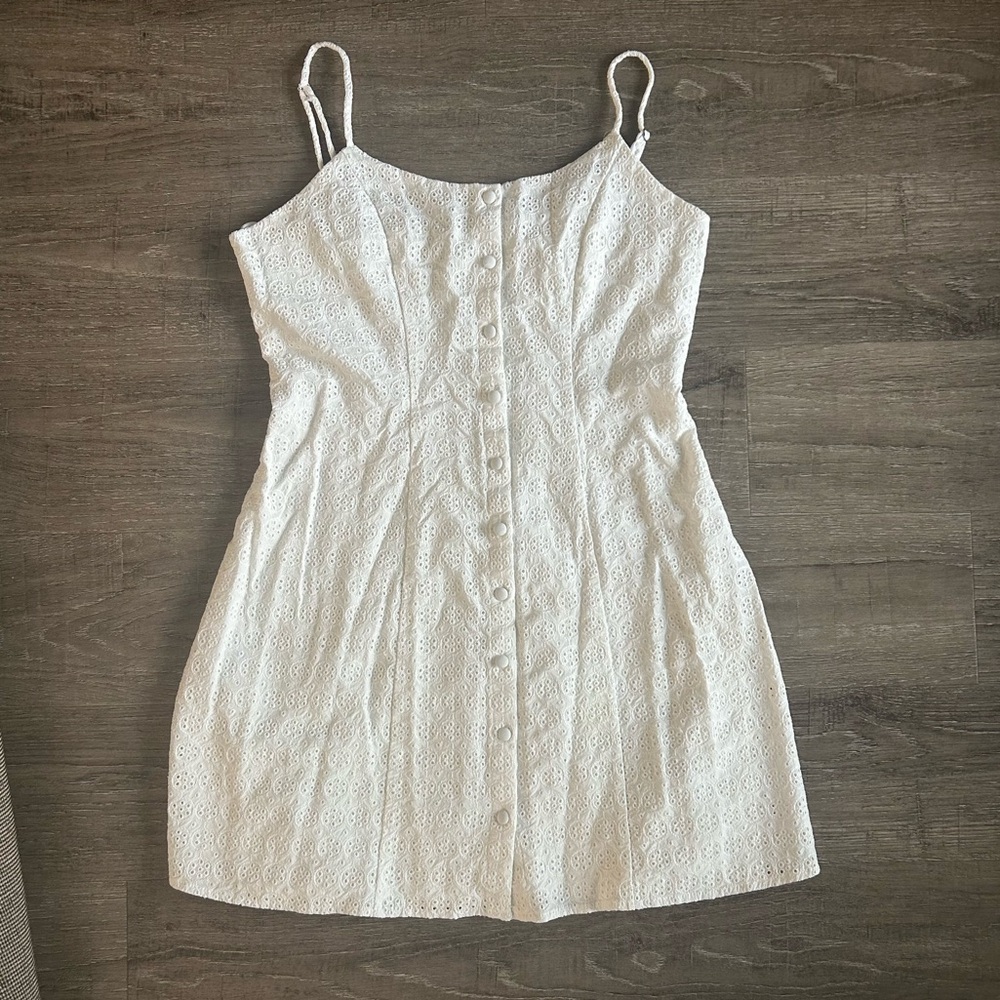 Nordstrom White Eyelet Mini Dress with button up front, cottage core